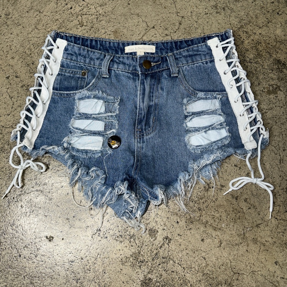 Hot and delicious open side lace up distressed denim mini shorts size S